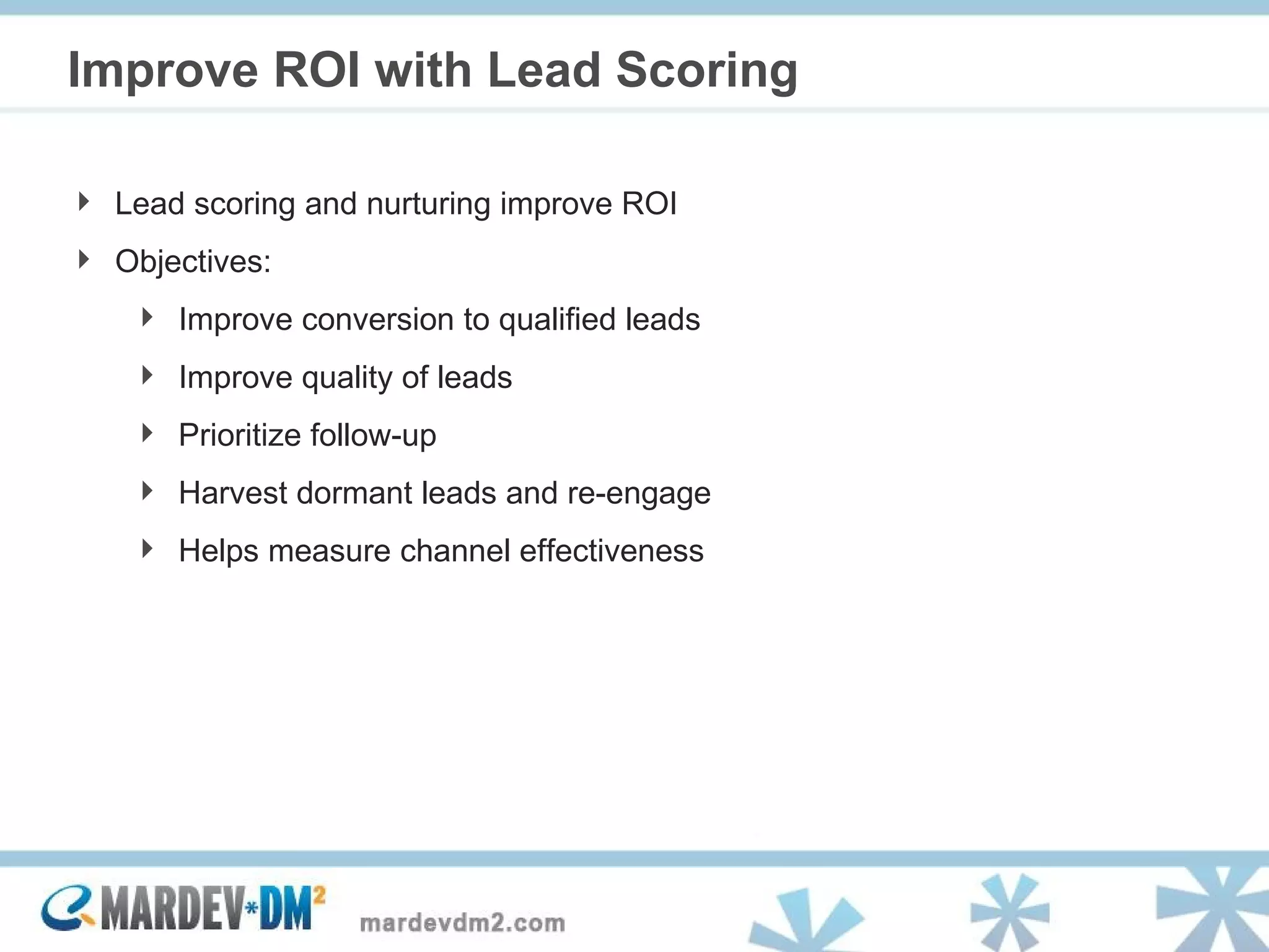 Improve ROI with Lead Scoring Lead scoring and nurturing improve ROI Objectives: Improve conversion to qualified leads Improve quality of leads Prioritize follow-up Harvest dormant leads and re-engage Helps measure channel effectiveness 