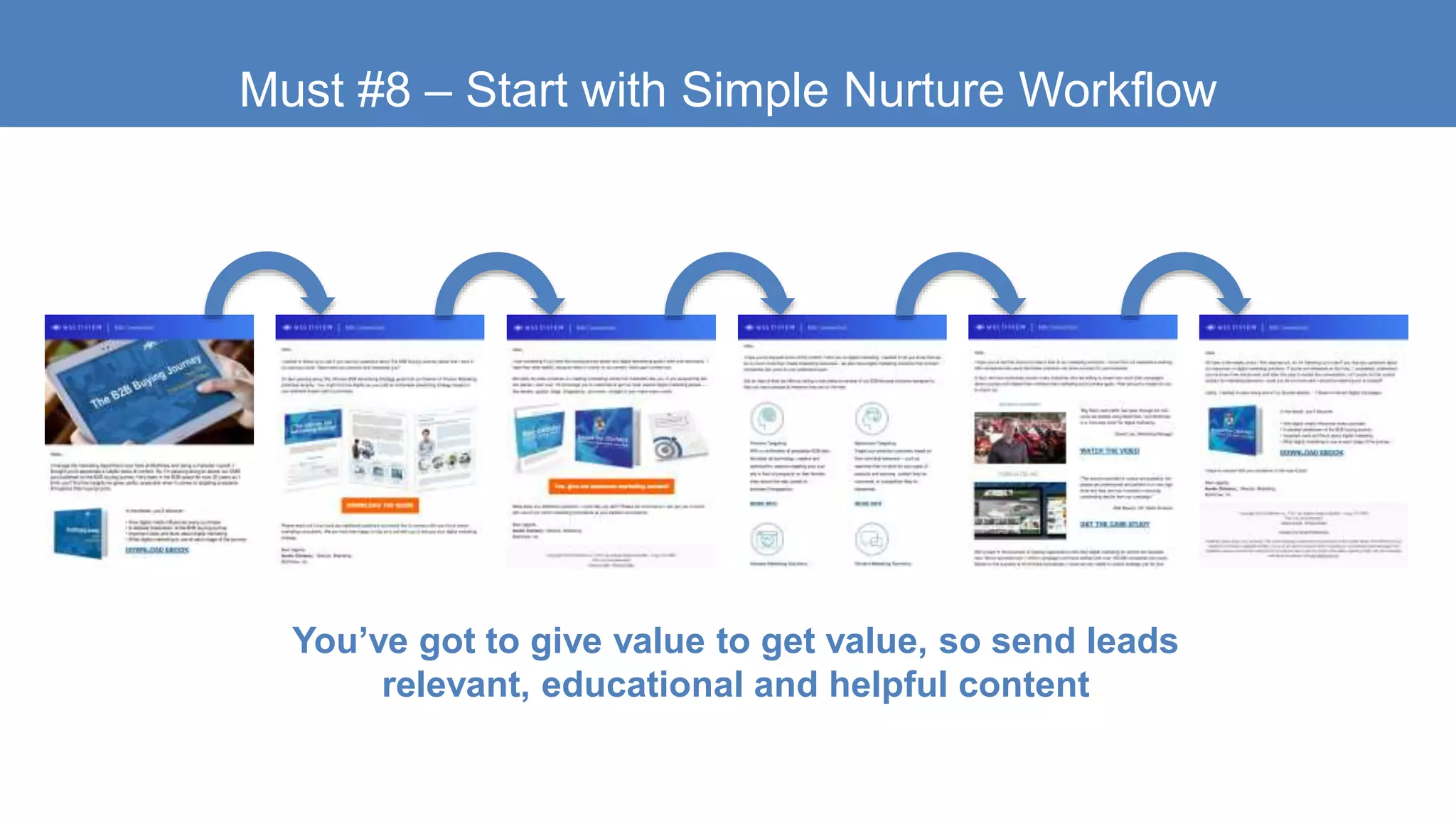 Must #8 – Start with Simple Nurture Workflow
You’ve got to give value to get value, so send leads
relevant, educational and helpful content
 