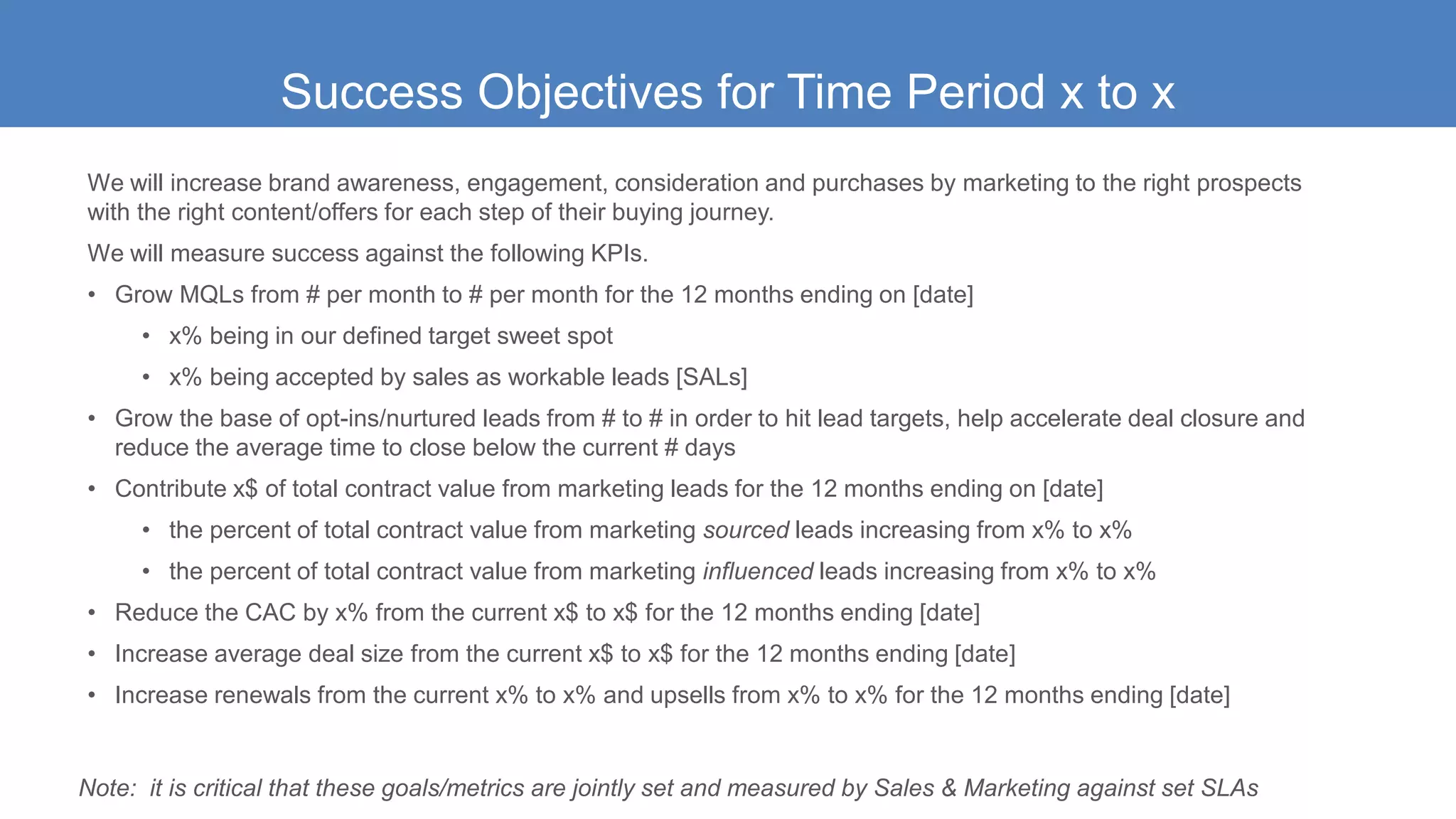 Success Objectives for Time Period x to x
We will increase brand awareness, engagement, consideration and purchases by marketing to the right prospects
with the right content/offers for each step of their buying journey.
We will measure success against the following KPIs.
• Grow MQLs from # per month to # per month for the 12 months ending on [date]
• x% being in our defined target sweet spot
• x% being accepted by sales as workable leads [SALs]
• Grow the base of opt-ins/nurtured leads from # to # in order to hit lead targets, help accelerate deal closure and
reduce the average time to close below the current # days
• Contribute x$ of total contract value from marketing leads for the 12 months ending on [date]
• the percent of total contract value from marketing sourced leads increasing from x% to x%
• the percent of total contract value from marketing influenced leads increasing from x% to x%
• Reduce the CAC by x% from the current x$ to x$ for the 12 months ending [date]
• Increase average deal size from the current x$ to x$ for the 12 months ending [date]
• Increase renewals from the current x% to x% and upsells from x% to x% for the 12 months ending [date]
Note: it is critical that these goals/metrics are jointly set and measured by Sales & Marketing against set SLAs
 