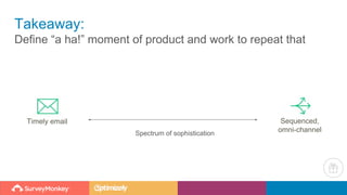 Takeaway:
Define “a ha!” moment of product and work to repeat that
Timely email Sequenced,
omni-channelSpectrum of sophistication
 