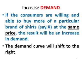 Increase DEMAND
• If the consumers are willing and
able to buy more of a particular
brand of shirts (say.X) at the same
price, the result will be an increase
in demand.
• The demand curve will shift to the
right
14
 