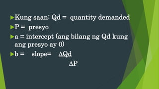 Kung saan: Qd = quantity demanded
P = presyo
a = intercept (ang bilang ng Qd kung
ang presyo ay 0)
b = slope= ∆Qd
∆P
 