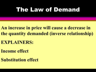 The Law of Demand


An increase in price will cause a decrease in
the quantity demanded (inverse relationship)
EXPLAINERS:
Income effect
Substitution effect
 