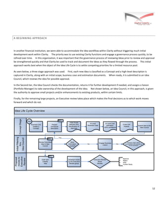 12
A BEGINNING APPROACH
In another financial institution, we were able to accommodate the Idea workflow within Clarity without triggering much initial
development work within Clarity. The priority was to use existing Clarity functions and engage a governance process quickly, to be
refined over time. In this organization, it was important that the governance process of reviewing Ideas prior to review and approval
be strengthened quickly and that Clarity be used to track and document the Ideas as they flowed through the process. This initial
approach works best when the object of the Idea Life Cycle is to settle competing priorities for a limited resource pool.
As seen below, a three stage approach was used. First, each new Idea is classified as a Concept and a high-level description is
captured in Clarity, along with an initial scope, business case and estimation documents. When ready, it is submitted to an Idea
Council, which reviews the idea for possible approval.
In the Second tier, the Idea Council checks the documentation, returns it for further development if needed, and assigns a liaison
(Portfolio Manager) to take ownership of the development of the Idea. Not shown below, an Idea Council, in this approach, is given
the authority to approve small projects and/or enhancements to existing products, within certain limits.
Finally, for the remaining large projects, an Executive review takes place which makes the final decisions as to which work moves
forward and which do not.
Idea Life Cycle Overview
Proposal
movesto
Executive
Review
InitialFiltering
thru
IdeaCouncil
ConceptStage
Business Unit
creates a
Concept
Start
Review Submitted
Idea to Idea
Council
Enter and
Classify
Idea
Schedule review
by the Executive
Review group
Clarity
More
Information
needed?
No
Yes
Initial Scope
definition and
identification of
Idea type
Hi Level
Business Case Submit Idea to the
Idea Council
Prepare
conceptual
description
Hi Level Cost
estimation
>20% confidence
Cross Unit
Impacts
Business Liaison refines
documentation with business for
formal submission
No
Engage Business
Liaison
Executive Review
Board
decides
· Approve
· Reject
· Hold
· Further Study
Clarity
Clarity
 
