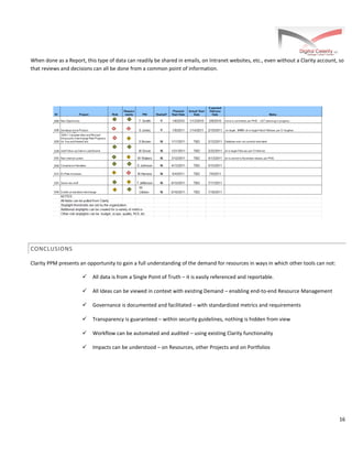 16
When done as a Report, this type of data can readily be shared in emails, on Intranet websites, etc., even without a Clarity account, so
that reviews and decisions can all be done from a common point of information.
CONCLUSIONS
Clarity PPM presents an opportunity to gain a full understanding of the demand for resources in ways in which other tools can not:
 All data is from a Single Point of Truth – it is easily referenced and reportable.
 All Ideas can be viewed in context with existing Demand – enabling end-to-end Resource Management
 Governance is documented and facilitated – with standardized metrics and requirements
 Transparency is guaranteed – within security guidelines, nothing is hidden from view
 Workflow can be automated and audited – using existing Clarity functionality
 Impacts can be understood – on Resources, other Projects and on Portfolios
 