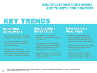 6
MULTIPLATFORM CONSUMERS
ARE THIRSTY FOR CONTENT
• Search is used at beginning,
middle and end of shopping
process. 86% of shoppers use
generic search terms for queries.
• 46% of US consumers use mobile
exclusively when performing
research online.
• Mobile search drives multi-
channel conversions. 55% of
conversions happen within an hr.
• Mobile, tablet adoption changing
research and purchase behavior
• 63% of consumers researched
consumer products online. 50%
purchased online.
• Showrooming and price
sensitivity are increasing. 59% of
consumers used smartphone to
find better price while shopping.
• Online sales of consumer
electronics predicted to climb to
$80b in 2016
• Consumers are more informed
and better connected, They are
less loyal to brands and want a
dialogue with companies.
• Search-discovered content and
retailer websites are critical to the
purchase decision
Sources: eMarketer “Consumer Electronics, The Path to Purchase, Reinvented,” 2012; eMarketer “Adapting to a Showrooming World,” 2012; Google, “Mobile Search Moments,
Understanding How Mobile Drives Conversions,” 2013.
KEY TRENDS
INFORMED
CONSUMERS
NEW PATH TO
PURCHASE
ENGAGEMENT
IMPERATIVE
 