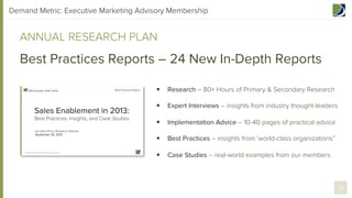 Demand Metric: Executive Marketing Advisory Membership

ANNUAL RESEARCH PLAN

Best Practices Reports – 24 New In-Depth Reports
§ 

Research – 80+ Hours of Primary & Secondary Research

§ 

Expert Interviews – insights from industry thought-leaders

§ 

Implementation Advice – 10-40 pages of practical advice

§ 

Best Practices – insights from ‘world-class organizations”

§ 

Case Studies – real-world examples from our members

31

 