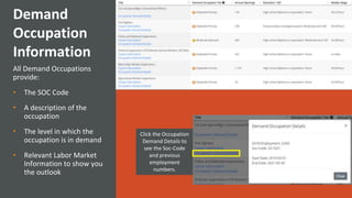 All Demand Occupations
provide:
• The SOC Code
• A description of the
occupation
• The level in which the
occupation is in demand
• Relevant Labor Market
Information to show you
the outlook
Demand
Occupation
Information
Click the Occupation
Demand Details to
see the Soc-Code
and previous
employment
numbers.
 