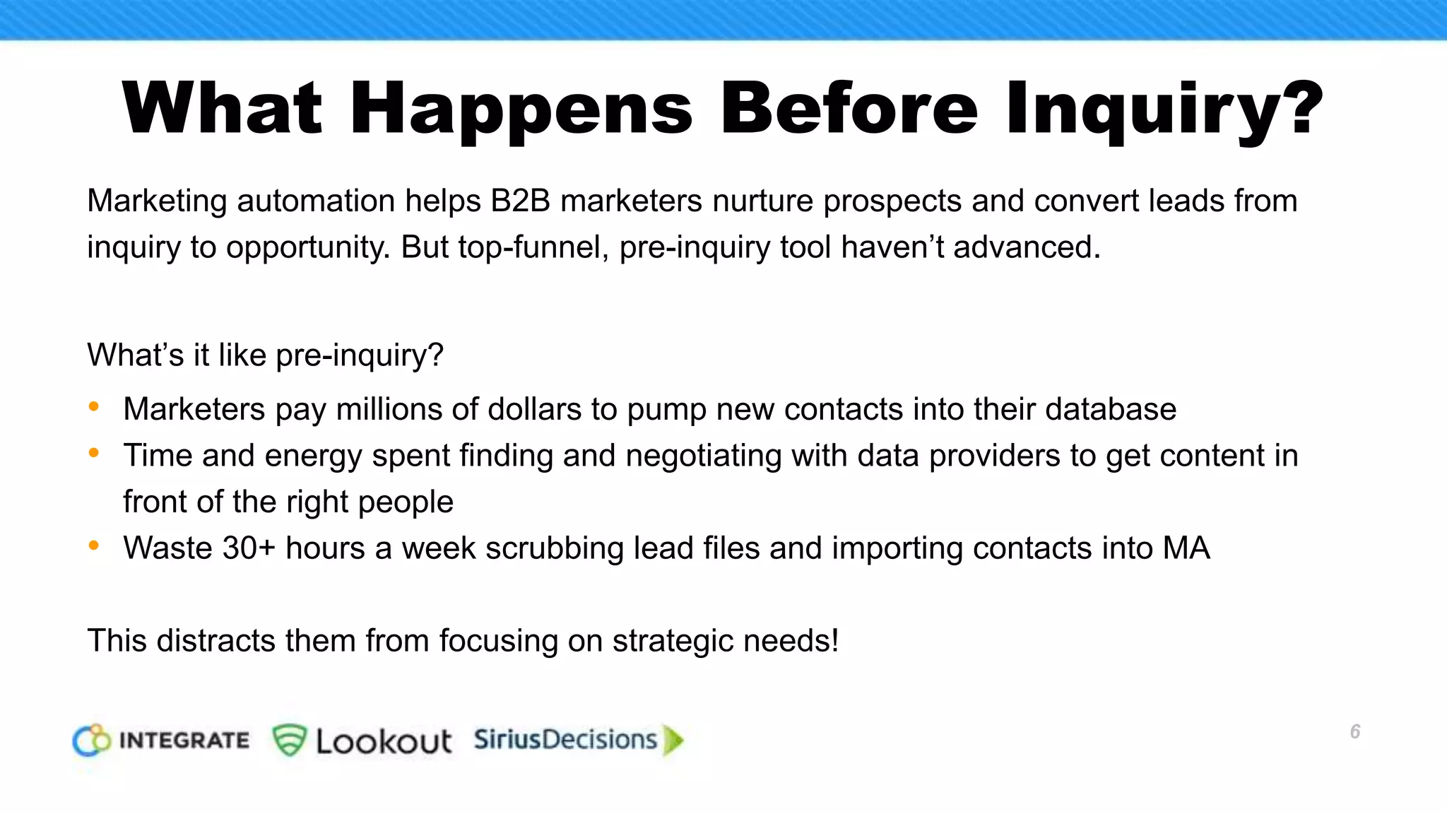 What Happens Before Inquiry?
Marketing automation helps B2B marketers nurture prospects and convert leads from
inquiry to opportunity. But top-funnel, pre-inquiry tool haven’t advanced.
What’s it like pre-inquiry?
• Marketers pay millions of dollars to pump new contacts into their database
• Time and energy spent finding and negotiating with data providers to get content in
front of the right people
• Waste 30+ hours a week scrubbing lead files and importing contacts into MA
This distracts them from focusing on strategic needs!
6
 