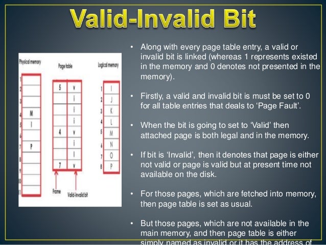• Along with every page table entry, a valid or
invalid bit is linked (whereas 1 represents existed
in the memory and 0 denotes not presented in the
memory).
• Firstly, a valid and invalid bit is must be set to 0
for all table entries that deals to ‘Page Fault’.
• When the bit is going to set to ‘Valid’ then
attached page is both legal and in the memory.
• If bit is ‘Invalid’, then it denotes that page is either
not valid or page is valid but at present time not
available on the disk.
• For those pages, which are fetched into memory,
then page table is set as usual.
• But those pages, which are not available in the
main memory, and then page table is either
 