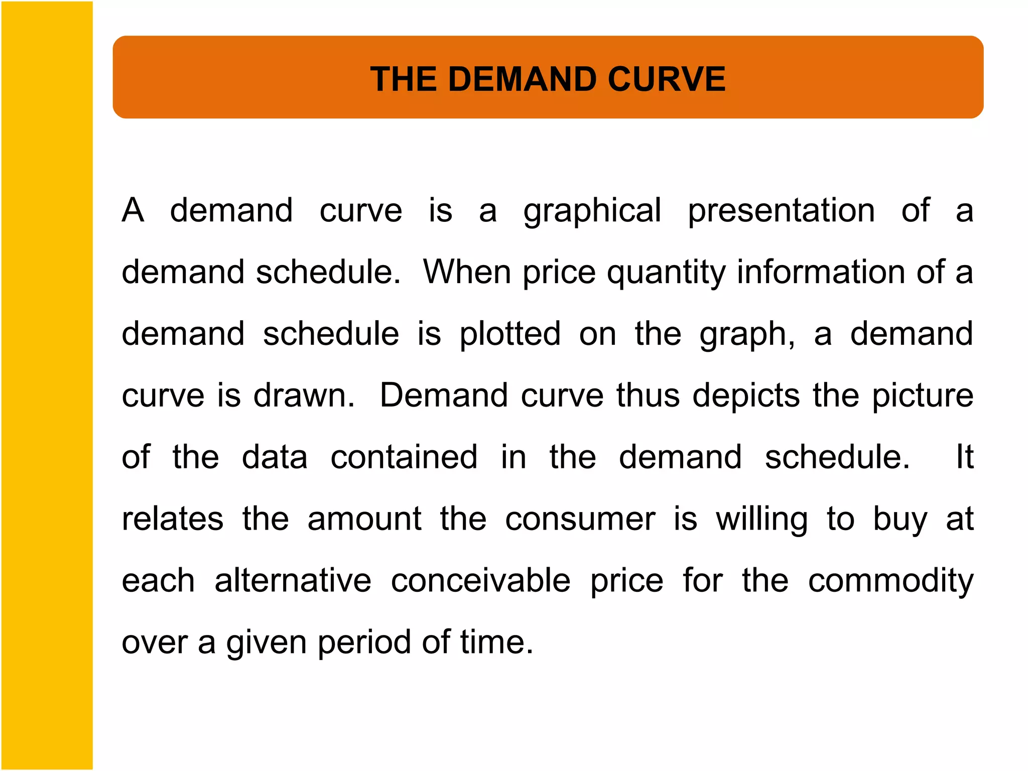 THE DEMAND CURVE


A demand curve is a graphical presentation of a
demand schedule. When price quantity information of a
demand schedule is plotted on the graph, a demand
curve is drawn. Demand curve thus depicts the picture
of the data contained in the demand schedule.      It
relates the amount the consumer is willing to buy at
each alternative conceivable price for the commodity
over a given period of time.
 