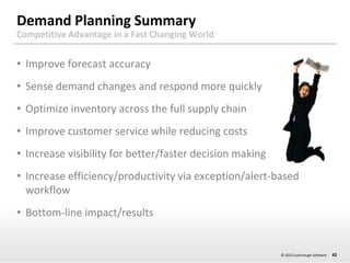 Demand Planning Summary
Competitive Advantage in a Fast Changing World

• Improve forecast accuracy
• Sense demand changes and respond more quickly

• Optimize inventory across the full supply chain
• Improve customer service while reducing costs
• Increase visibility for better/faster decision making

• Increase efficiency/productivity via exception/alert-based
workflow
• Bottom-line impact/results

© 2013 JustEnough Software

42

 