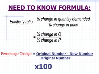 NEED TO KNOW FORMULA:
Elasticity ratio=
% change in quantity demanded
% change in price
=
% change in Q
% change in P
Percentage Change = Original Number - New Number
Original Number
 