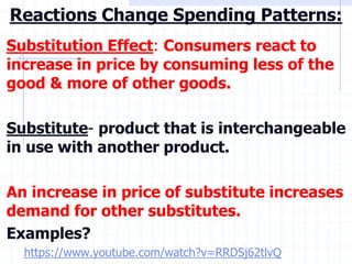 Reactions Change Spending Patterns:
Substitution Effect: Consumers react to
increase in price by consuming less of the
good & more of other goods.
Substitute- product that is interchangeable
in use with another product.
An increase in price of substitute increases
demand for other substitutes.
Examples?
https://www.youtube.com/watch?v=RRDSj62tlvQ
 