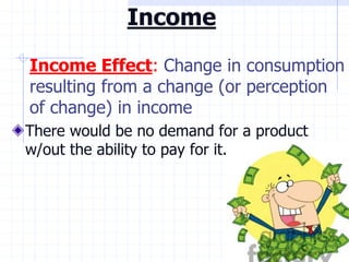 Income
Income Effect: Change in consumption
resulting from a change (or perception
of change) in income
There would be no demand for a product
w/out the ability to pay for it.
 