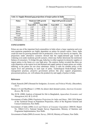 23: Demand Projections for Food Commodities
Table 12: Supply-Demand gap projections of major pulses in India
(Million tonnes)
Moderate GDP growth
scenario
High GDP growth scenarioPulses
Year-2015 Year-2020 Year-2015 Year-2020
Arhar -2.47 -2.76 -3.18 -3.90
Gram 3.04 2.81 2.55 1.96
Masur -1.25 -1.37 -1.50 -1.81
Moong -0.98 -1.10 -1.28 -1.57
Urad -0.64 -0.78 -1.01 -1.36
Other pulses -0.37 -0.62 -0.89 -1.67
Total pulses -2.67 -3.80 -5.32 -8.35
CONCLUSIONS
Pulses are one of the important food commodities in India where a large vegetarian and even
non-vegetarian population are highly dependent on pulses for protein source. Since, India
could not meet its growing demand with its production, it has to rely heavily on imports. The
projections under alternative scenarios showed that the supply-demand gap would be
widening even under moderate growth scenario, which may further deteriorate the nutritional
balance of consumers. To bridge this gap, India has to either augment its domestic supplies or
import pulses in the future at a very high price. The analysis further revealed that there are
wide disparities at the region level and demand and supply pattern of major pulses are widely
differing, as the pulses are not close substitutes. Hence, it calls for suitable policy at the
region level and pertaining to each type of pulse. Technological break-through, better
management practices, proactive government policies like price support programmes,
procurement policies, etc. will enhance the productivity and supply of pulses in India.
References
Chand, Ramesh (2007) Demand for foodgrains. Economic and Political Weekly, (December),
10-13.
Deaton A S and Muellbauer J. (1980) An almost ideal demand system, American Economic
Review, 70: 313-24.
Dey M M. (2000) Analysis of demand for fish in Bangladesh, Aquaculture Economics and
Management, 4 (1 & 2): 65-83.
Government of India (2006) Population Projections for India and States, 2001-2026, Report
of the Technical Group on Population Projections, office of the Registrar General and
Census Commission, New Delhi.
Government of India (2006) Level and Pattern of Consumer Expenditure 2004-05, Report
No. 508(61/1.0/1), National Sample Survey Organization, Ministry of Statistics and
Programme Implementation, New Delhi.
Government of India (2009) Economic Survey, 2008-09, Ministry of Finance, New Delhi.
248
 