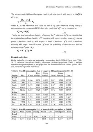23: Demand Projections for Food Commodities
The uncompensated (Marshallian) price elasticity of pulse type i with respect to j ( ) is
given as:
u
ije
( )ij i ju
ij ij
i
b c w
e
w
−
= K− …(7)
Where Kij is the Kronecker delta equal to one if i=j, zero otherwise. Using Slutsky’s
decomposition, the compensated (Hicksian) price elasticities ‘ ’, can be computed as:c
ije
c v
ij ij i ie e w η= +
…(8)
Finally, the total expenditure elasticity of demand for ith
pulse type ( y
iη ) was calculated as
the product of expenditure elasticity of ith
pulse type with respect to pulses group ( i
v
η ), pulses
group expenditure elasticity with respect to food expenditure ( f
vη ), food expenditure
elasticity with respect to total income ( y
fη ) and the probability of occurrence of positive
consumption of ith
pulse ( ).iΦ
f
v
y y v
i f iη η η η= Φi
…(9)
Demand projections
On the basis of region-wise and sector-wise consumptions for the 2004-05 (base year) (Table
1& 2), estimated expenditure elasticity of demand, projected population (Table 3) and per
capita income growth (Table 4), the projections for demand of selected cereals, pulses, fat &
oils, fruits and vegetables were made.
Table 1: Monthly consumption (kg) of cereals in different regions in 2004-05
Region Rice Wheat
Rice
product
Wheat
product Bread
Coarse
Cereals Total
Rural
North 3.616 8.266 0.038 0.059 0.057 0.348 12.385
West 1.881 5.712 0.017 0.084 0.063 3.519 11.274
South 8.997 0.378 0.024 0.106 0.169 1.381 11.054
East 10.059 2.511 0.011 0.394 0.045 0.245 13.266
Ne 12.252 0.427 0.028 0.209 0.042 0.039 12.998
Urban
North 2.487 7.332 0.194 0.022 0.095 0.047 10.178
West 2.183 5.728 0.111 0.122 0.123 0.820 9.087
South 7.954 0.681 0.051 0.130 0.304 0.641 9.760
East 7.554 3.141 0.102 0.392 0.171 0.019 11.379
Ne 11.106 0.692 0.174 0.181 0.116 0.011 12.279
Table 2: Monthly consumption (kg) of pulses in different regions in 2004-05
Region Arhar Gram Moong Masur Urd Other pulses Total
Rural
North 0.223 0.159 0.057 0.108 0.128 0.159 0.834
West 0.271 0.163 0.151 0.045 0.052 0.057 0.739
240
 