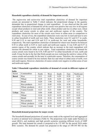 23: Demand Projections for Food Commodities
Household expenditure elasticity of demand for important cereals
The region-wise and sector-wise total expenditure elasticities of demand for important
cereals are presented in Table 5 which indicates the proportional change in the quantity
demanded due to proportional change in total expenditure. It was observed that the total
expenditure elasticities of demand for all the cereals were positive but very low in all regions
except wheat products in rural and urban north, wheat product and rice in urban west, wheat
products and course cereals in urban east and north-east regions of the country. The
expenditure elasticities for most of the cereals were lower in urban areas in comparison to
rural areas. In case of rice, the expenditure elasticities were very low in rural and near to zero
in urban household of north and west India. These elasticities were 0.2 and 0.17 in south,
0.30 and 0.19 in east and 0.24 and 0.12 in north-east for rural and urban households,
respectively. The total expenditure elasticities of demand for wheat were found to be between
0.18 in urban north to 0.29 in rural south and north-east regions. It was 0.48 and 0.37 in
eastern region of the country which indicate that an increase in the total expenditure will
increase the demand for wheat in east region. Total expenditure elasticities of demand for
coarse cereals were found to be 0.38, 0.40 and 0.57 in urban households of west, north and
south. It may be due to the fact that firstly people are now realizing the nutritive values of the
coarse cereals and secondly for the taste in a particular season. Therefore, the consumption of
coarse cereals was found to be less inelastic than rice and wheat in urban areas of north, west
and south regions. However, elasticities of coarse cereals were negative in urban areas of east
and north-east region.
Table 5 Household expenditure elasticities of demand of cereals in different regions of
India
Sector Commodities North West South East North-east
Rural Rice 0.11 0.09 0.20 0.30 0.24
Wheat 0.19 0.26 0.29 0.48 0.29
Bread 0.20 1.94 0.24 1.37 0.16
Rice products 0.17 0.49 0.26 0.38 0.26
Wheat products -0.11 0.17 0.26 0.19 0.43
Coarse Cereals 0.23 0.21 0.69 1.42 0.91
Urban Rice 0.06 -0.08 0.17 0.19 0.12
Wheat 0.18 0.23 0.19 0.37 0.10
Bread 0.14 0.16 0.19 0.17 0.02
Rice products 0.16 0.14 0.16 0.19 0.14
Wheat products -1.04 -0.51 0.19 -0.63 -1.15
Coarse Cereals 0.44 0.38 0.57 -0.25 -1.14
Household demand projections for major cereals
The household demand projections of cereals were made at the regional level and aggregated
to arrive at national level estimates (Table 6). The projections were made under business as
usual (BAU), and moderate and high growth scenarios assuming different levels of GDP
growth. The total demand for cereals is projected to be 172 MT for the period 2010 under
BAU scenario. The demand for cereals was projected in the range of 190-195 MT for the
243
 