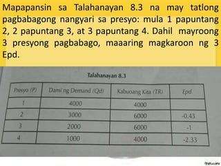 Mapapansin sa Talahanayan 8.3 na may tatlong
pagbabagong nangyari sa presyo: mula 1 papuntang
2, 2 papuntang 3, at 3 papuntang 4. Dahil mayroong
3 presyong pagbabago, maaaring magkaroon ng 3
Epd.
 