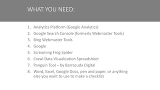 1. Analytics Platform (Google Analytics)
2. Google Search Console (formerly Webmaster Tools)
3. Bing Webmaster Tools
4. Google
5. Screaming Frog Spider
6. Crawl Data Visualization Spreadsheet
7. Panguin Tool – by Barracuda Digital
8. Word, Excel, Google Docs, pen and paper, or anything
else you want to use to make a checklist
WHAT YOU NEED:
 