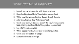 1. Launch a crawl on your site with Screaming Frog
2. Download the Crawl Data Visualization spreadsheet
3. While crawl is running, log into Google Search Console
4. After that, log into Bing Webmaster Tools
5. Check your crawl, if it’s done export the crawl overview and
load data into the Crawl Data Visualization spreadsheet
6. Log into Google Analytics
7. While logged into GA, head over to the Panguin Tool
8. Check your indexation in Google
9. Mark down issues as you go
WORKFLOW TIMELINE AND REVIEW
 