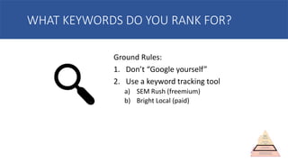 WHAT KEYWORDS DO YOU RANK FOR?
Ground Rules:
1. Don’t “Google yourself”
2. Use a keyword tracking tool
a) SEM Rush (freemium)
b) Bright Local (paid)
 