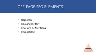 OFF-PAGE SEO ELEMENTS
• Backlinks
• Link anchor text
• Citations or Mentions
• Competitors
 