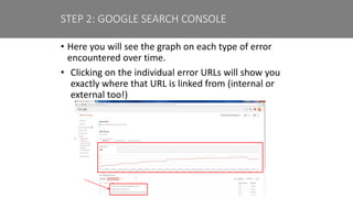 • Here you will see the graph on each type of error
encountered over time.
• Clicking on the individual error URLs will show you
exactly where that URL is linked from (internal or
external too!)
STEP 2: GOOGLE SEARCH CONSOLE
 