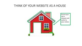 Ensure your
site is
relevant and
useful to
your visitors.
THINK OF YOUR WEBSITE AS A HOUSE
 
