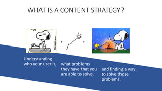 Understanding
who your user is, what problems
they have that you
are able to solve,
WHAT IS A CONTENT STRATEGY?
and finding a way
to solve those
problems.
+ =
 