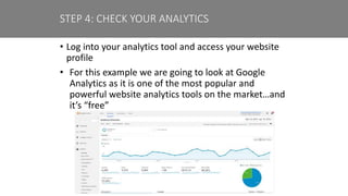 • Log into your analytics tool and access your website
profile
• For this example we are going to look at Google
Analytics as it is one of the most popular and
powerful website analytics tools on the market…and
it’s “free”
STEP 4: CHECK YOUR ANALYTICS
 