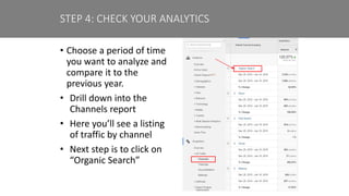 • Choose a period of time
you want to analyze and
compare it to the
previous year.
• Drill down into the
Channels report
• Here you’ll see a listing
of traffic by channel
• Next step is to click on
“Organic Search”
STEP 4: CHECK YOUR ANALYTICS
 