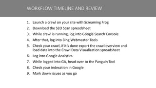 1. Launch a crawl on your site with Screaming Frog
2. Download the SEO Scan spreadsheet
3. While crawl is running, log into Google Search Console
4. After that, log into Bing Webmaster Tools
5. Check your crawl, if it’s done export the crawl overview and
load data into the Crawl Data Visualization spreadsheet
6. Log into Google Analytics
7. While logged into GA, head over to the Panguin Tool
8. Check your indexation in Google
9. Mark down issues as you go
WORKFLOW TIMELINE AND REVIEW
 