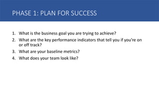 PHASE 1: PLAN FOR SUCCESS
1. What is the business goal you are trying to achieve?
2. What are the key performance indicators that tell you if you’re on
or off track?
3. What are your baseline metrics?
4. What does your team look like?
 