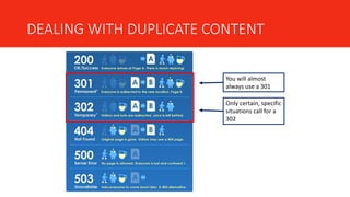 DEALING WITH DUPLICATE CONTENT
You will almost
always use a 301
Only certain, specific
situations call for a
302
 