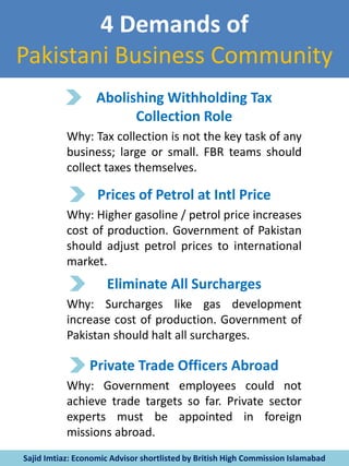 4 Demands of
Pakistani Business Community
Abolishing Withholding Tax
Collection Role
Why: Tax collection is not the key task of any
business; large or small. FBR teams should
collect taxes themselves.
Prices of Petrol at Intl Price
Why: Higher gasoline / petrol price increases
cost of production. Government of Pakistan
should adjust petrol prices to international
market.
Eliminate All Surcharges
Why: Surcharges like gas development
increase cost of production. Government of
Pakistan should halt all surcharges.
Private Trade Officers Abroad
Why: Government employees could not
achieve trade targets so far. Private sector
experts must be appointed in foreign
missions abroad.
Sajid Imtiaz: Economic Advisor shortlisted by British High Commission Islamabad
 