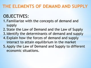 THE ELEMENTS OF DEMAND AND SUPPLY
OBJECTIVES:
1.Familiarize with the concepts of demand and
supply
2.State the Law of Demand and the Law of Supply
3.Identify the determinants of demand and supply
4.Explain how the forces of demand and supply
interact to attain equilibrium in the market
5.Apply the Law of Demand and Supply to different
economic situations.
 