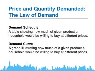 Price and Quantity Demanded:
The Law of Demand
Demand Schedule
A table showing how much of given product a
household would be willing to buy at different prices.
Demand Curve
A graph illustrating how much of a given product a
household would be willing to buy at different prices.
 
