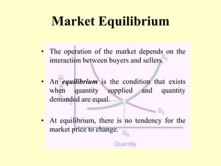 Market Equilibrium
• The operation of the market depends on the
interaction between buyers and sellers.
• An equilibrium is the condition that exists
when quantity supplied and quantity
demanded are equal.
• At equilibrium, there is no tendency for the
market price to change.
 