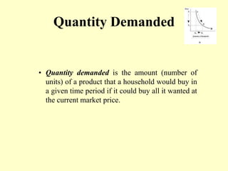 Quantity Demanded
• Quantity demanded is the amount (number of
units) of a product that a household would buy in
a given time period if it could buy all it wanted at
the current market price.
 