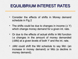 EQUILIBRIUM INTEREST RATESEQUILIBRIUM INTEREST RATES
• Consider the effects of shifts in Money demandConsider the effects ...
