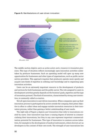 32
The middle section depicts users as active actors and a resource in innovation proc-
esses. This type of situation reﬂects increasingly open innovation activities under-
taken by producer businesses. Such an operating model will open up many new
opportunities for businesses and other types of organisations, such as public sector
service providers. This approach requires that producers operate more openly and
acquire new kinds of expertise in utilising user knowledge and in organising open
innovation activities.
Users can be an extremely important resource in the development of products
and services for both businesses and the public sector. The role assigned to users in
development activities greatly depends on the business’ goals, expertise and the type
of innovation pursued. This kind of innovation, characterised by strong user interac-
tion, is commonly called co-creation.
Not all open innovation is user-driven innovation. When companies open up their
innovation process to participation by actors outside the company, their prime objec-
tive is often to collect ideas and engage outside innovation resources in their inno-
vation process, rather than gaining a better understanding of user needs.
The right side of Figure 5 depicts user innovations that refer to innovations cre-
ated by users. User innovators may have a varying degree of interest in commer-
cialising their innovations, but they in any case represent important commercial-
isation potential for businesses. This type of innovation is common across indus-
tries, for example in the development of medical instruments, where doctors act as
developers in the context of their own work. The strength of user innovations lies
Users as R&D&I
actors and
resources
New level of interaction
gives users more
power &
responsibilities in the
R&D&I process
User innovations and
their commercialization
Users develop innovations for
their own purposes; this
provides businesses with new
ideas and commercial
opportunities.
Business-driven R&D&I
User-driven innovation
©Kuusisto, 2009
Developing
understanding on
user needs
New research
methods that provide
in-depth
understanding on user
needs
 
