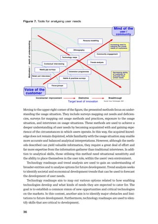 36
Moving to the upper right corner of the ﬁgure, the presented methods focus on under-
standing the usage situation. They include surveys mapping out needs and deﬁcien-
cies, surveys for mapping out usage methods and practices, exposure to the usage
situation, and interviews on usage situations. These methods are used to achieve a
deeper understanding of user needs by becoming acquainted with and gaining expe-
rience of the circumstances in which users operate. In this way, the acquired knowl-
edge does not remain disjointed, while familiarity with the usage situation may enable
more accurate and balanced analytical interpretations. However, although the meth-
ods described can yield valuable information, they require a great deal of eﬀort and
far more expertise from the information gatherer than traditional interviews. In addi-
tion to analytical skills, those utilising this method need situational sensitivity and
the ability to place themselves in the user role, within the users’ own environment.
Technology roadmaps and trend analysis are used to gain an understanding of
broader entities and to analyse options for future development. Trend analysis seeks
to identify societal and economical development trends that can be used to forecast
the development of user needs.
Technology roadmaps aim to map out various options related to how enabling
technologies develop and what kinds of needs they are expected to cater for. The
goal is to establish a common vision of new opportunities and critical technologies
on the markets. In this context, another aim is to identify major obstacles and limi-
tations to future development. Furthermore, technology roadmaps are used to iden-
tify skills that are critical to development.
 
