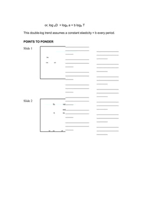 or, log eD = loge a + b loge T

This double-log trend assumes a constant elasticity = b every period.

POINTS TO PONDER
                                         _______________
Slide 1                                  _______________
                                  Demand forecasting
                                                                    ______________
                                         _____                      ______________
             MeaningMe      of forecasting:
                                             _______________        _______
                                           Forecasting

             forwardrwa projectionpro of data_______________        ______________
             Also known as sales forecasting _____                  ______________
                                                  _______________   _______
                                                  _______________   ______________
                                                  _____             ______________
                                                  _______________   _______
                                                  _______________   ______________
                                                  _____             ______________
                                      _______________               _______
Slide 2                               _______________               ______________
                  Need forfo demandnd _____
                                      forecasting                   ______________
             Demand forecasting is needeed    _______________       _______
             concepts and theth techniquestec _______________       ______________
                                              _____                 ______________
                                                  _______________   _______
                                                  _______________   ______________
                                                  _____             ______________
             forecastingca canca be appliedpli
                                                                    _______
 
