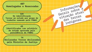 Informações
Gerais sobre a
situação atual
das terras
indígenas
487
Homologadas e Reservadas
124
Em identificação
Terras em estudo por grupo de
trabalho nomeado pela FUNAI
43
Identificadas com relatório
de estudo aprovado pela
presidência da FUNAI
74
Declaradas Terras declaradas
pelo Ministro da Justiça
 