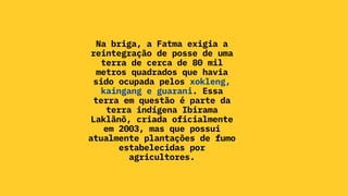 Na briga, a Fatma exigia a
reintegração de posse de uma
terra de cerca de 80 mil
metros quadrados que havia
sido ocupada pelos xokleng,
kaingang e guarani. Essa
terra em questão é parte da
terra indígena Ibirama
Laklãnõ, criada oficialmente
em 2003, mas que possui
atualmente plantações de fumo
estabelecidas por
agricultores.
 