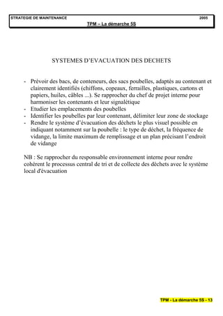 STRATEGIE DE MAINTENANCE                                                         2005
                                TPM – La démarche 5S




                 SYSTEMES D’EVACUATION DES DECHETS


     - Prévoir des bacs, de conteneurs, des sacs poubelles, adaptés au contenant et
       clairement identifiés (chiffons, copeaux, ferrailles, plastiques, cartons et
       papiers, huiles, câbles ...). Se rapprocher du chef de projet interne pour
       harmoniser les contenants et leur signalétique
     - Etudier les emplacements des poubelles
     - Identifier les poubelles par leur contenant, délimiter leur zone de stockage
     - Rendre le système d’évacuation des déchets le plus visuel possible en
       indiquant notamment sur la poubelle : le type de déchet, la fréquence de
       vidange, la limite maximum de remplissage et un plan précisant l’endroit
       de vidange

     NB : Se rapprocher du responsable environnement interne pour rendre
     cohérent le processus central de tri et de collecte des déchets avec le système
     local d'évacuation




                                                               TPM - La démarche 5S - 13
 