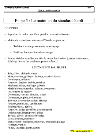 STRATEGIE DE MAINTENANCE                                                         2005
                                 TPM – La démarche 5S




          Etape 5 : Le maintien du standard établi
OBJECTIFS

- Supprimer la ou les premières grandes causes de salissures

- Maintenir et améliorer sans cesse l’état de propreté en :

      - Réduisant les temps consacrés au nettoyage

      - Facilitant les opérations de nettoyage

- Rendre visibles les salissures afin de mieux les éliminer (carters transparents,
  éclairage interne des machines, peinture fluo ...)

                           LES ZONES DE SALISSURES

-   Sols, allées, plafonds, vitres
-   Murs, cloisons, grillages, fenêtres, escaliers fosses
-   Coins repos, toilettes
-   Armoires, étagères établis, mobilier
-   Machines, cuves, outillage, gabarits
-   Matériel de manutention, palettes, conteneurs
-   Instruments de mesure
-   Compteurs, voyants, témoins, jauges
-   Compteurs, pupitre, ordinateurs
-   Tableaux de communication, affiches
-   Poteaux, portes, sas, ventilateurs
-   Eclairage local, général
-   Armoires, boites et coffrets de commande
-   Disjoncteurs, interrupteurs, prises
-   Tuyaux, câbles, chemins de câbles
-   Bacs à déchets, poubelles
-   Signalétique : panneaux, étiquettes, enseignes, plaques
-   Robinets, vannes
-   Filtres, soufflets, joints, capots
                                                               TPM - La démarche 5S - 14
 