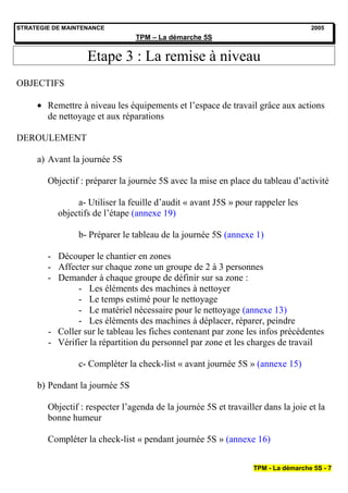 STRATEGIE DE MAINTENANCE                                                           2005
                                 TPM – La démarche 5S


                   Etape 3 : La remise à niveau
OBJECTIFS

        Remettre à niveau les équipements et l’espace de travail grâce aux actions
        de nettoyage et aux réparations

DEROULEMENT

     a) Avant la journée 5S

        Objectif : préparer la journée 5S avec la mise en place du tableau d’activité

                a- Utiliser la feuille d’audit « avant J5S » pour rappeler les
           objectifs de l’étape (annexe 19)

                b- Préparer le tableau de la journée 5S (annexe 1)

        - Découper le chantier en zones
        - Affecter sur chaque zone un groupe de 2 à 3 personnes
        - Demander à chaque groupe de définir sur sa zone :
               - Les éléments des machines à nettoyer
               - Le temps estimé pour le nettoyage
               - Le matériel nécessaire pour le nettoyage (annexe 13)
               - Les éléments des machines à déplacer, réparer, peindre
        - Coller sur le tableau les fiches contenant par zone les infos précédentes
        - Vérifier la répartition du personnel par zone et les charges de travail

                c- Compléter la check-list « avant journée 5S » (annexe 15)

     b) Pendant la journée 5S

        Objectif : respecter l’agenda de la journée 5S et travailler dans la joie et la
        bonne humeur

        Compléter la check-list « pendant journée 5S » (annexe 16)


                                                                  TPM - La démarche 5S - 7
 