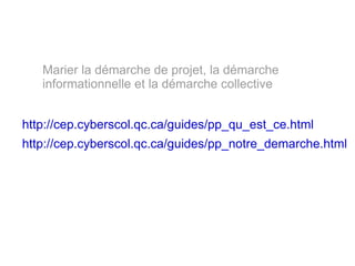 http :// cep . cyberscol . qc . ca / guides / pp _ qu _ est _ ce . html http :// cep . cyberscol . qc . ca / guides / pp _ notre _ demarche . html Marier la démarche de projet, la démarche informationnelle et la démarche collective 